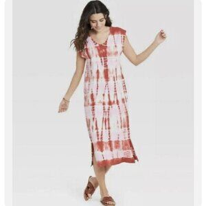 Universal Thred Women's Pink & Red Tie Dye Midi Length T-shirt Dress